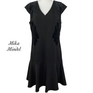 Mika Mindel Black Velvet V Neck Cap Sleeve Ruffle Flare Dress NWOT Size L